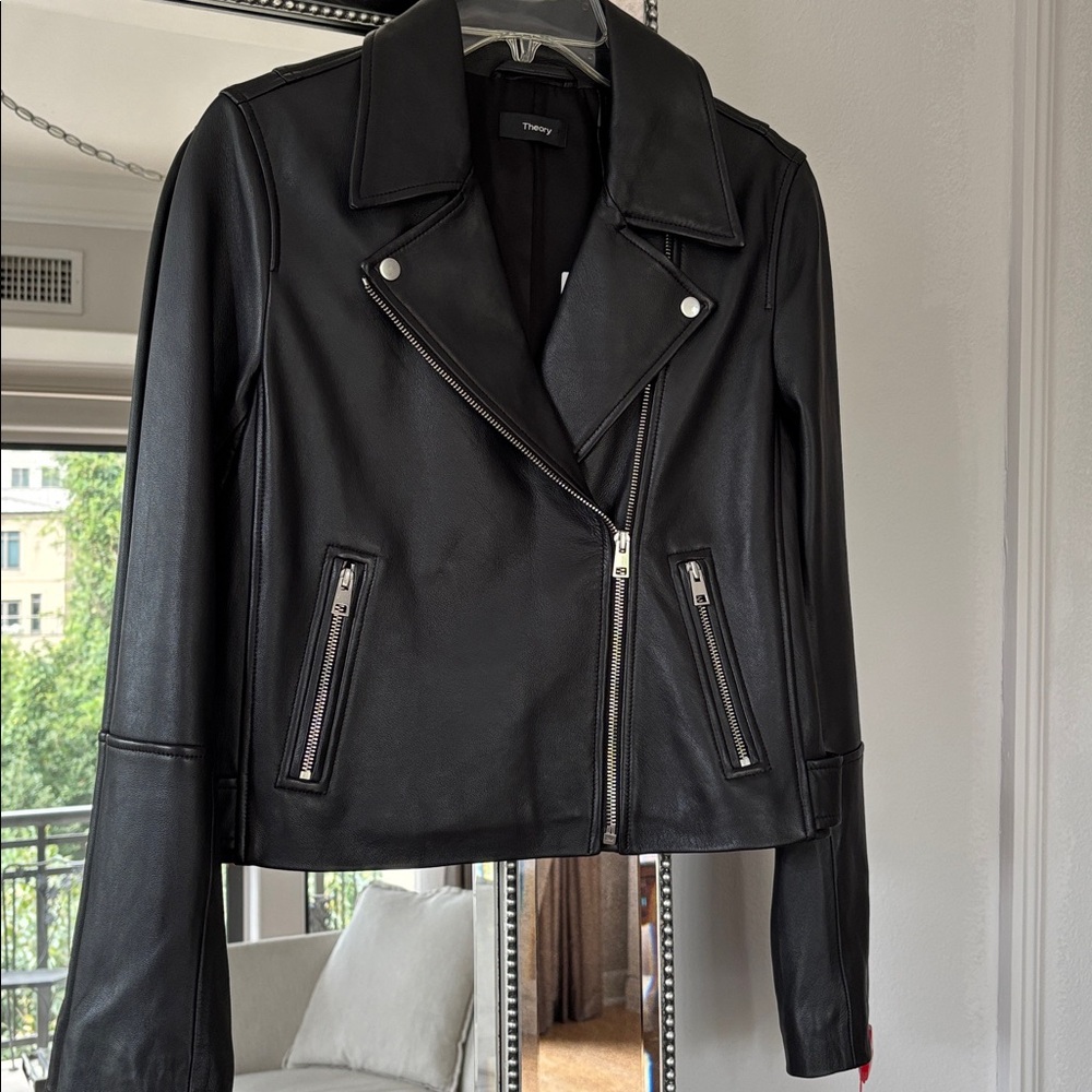 NWT Theory Moto Black Biker Grain Lamb Leather Jacket with Silver Accents Size M - Picture 1 of 16